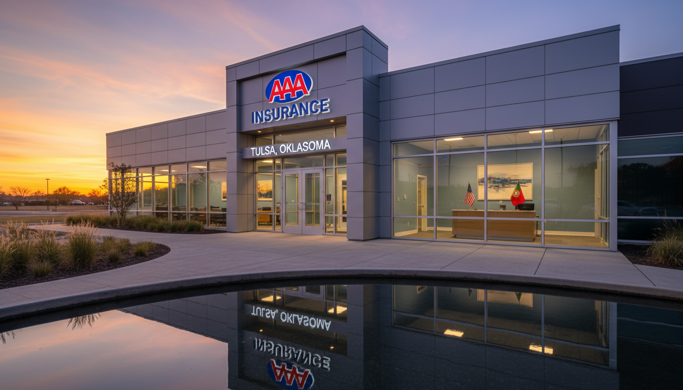A professional architectural photograph of the AAA Insurance office in Tulsa, Oklahoma, during a sunset, featuring modern signage and a clean, welcoming exterior with a small Oklahoma flag and a Portuguese flag side by side on a desk visible through the window.