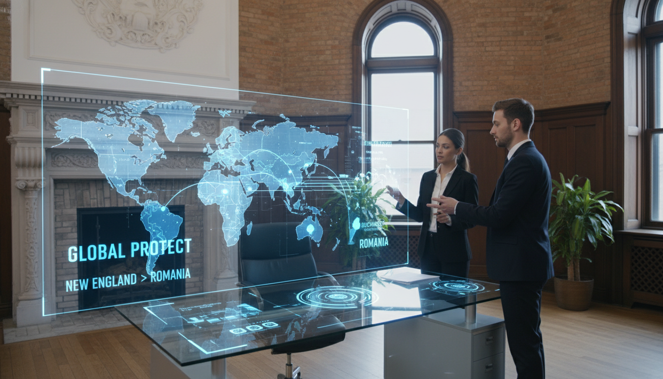 A professional insurance office setting in a historic building in Grafton, Massachusetts, blended with a digital overlay showing a map connecting New England to Romania, modern and clean aesthetic