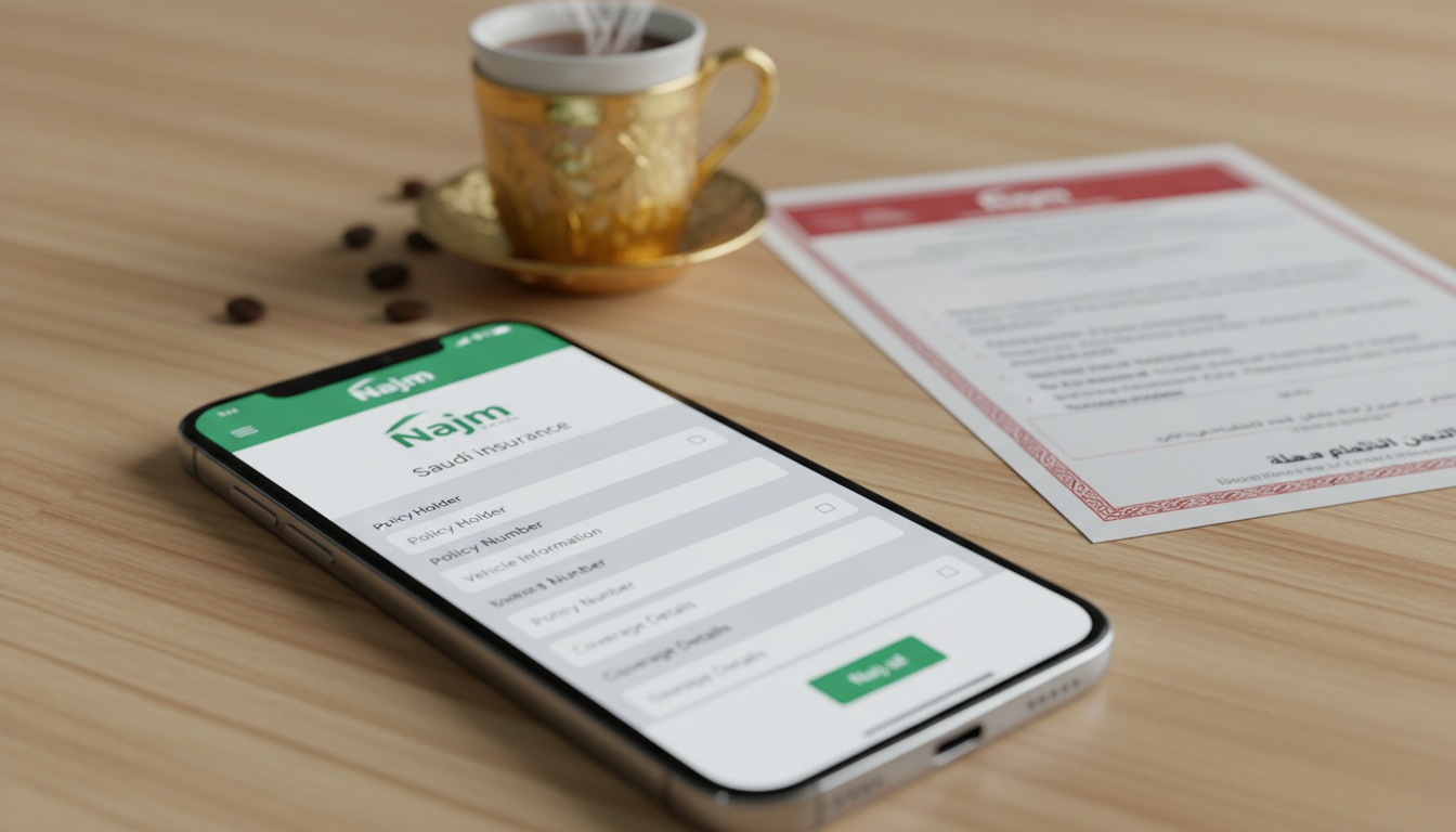 A professional close-up shot of a smartphone displaying the Najm mobile app with a Saudi car insurance policy document in the background, set on a modern wooden desk with a cup of Arabic coffee.