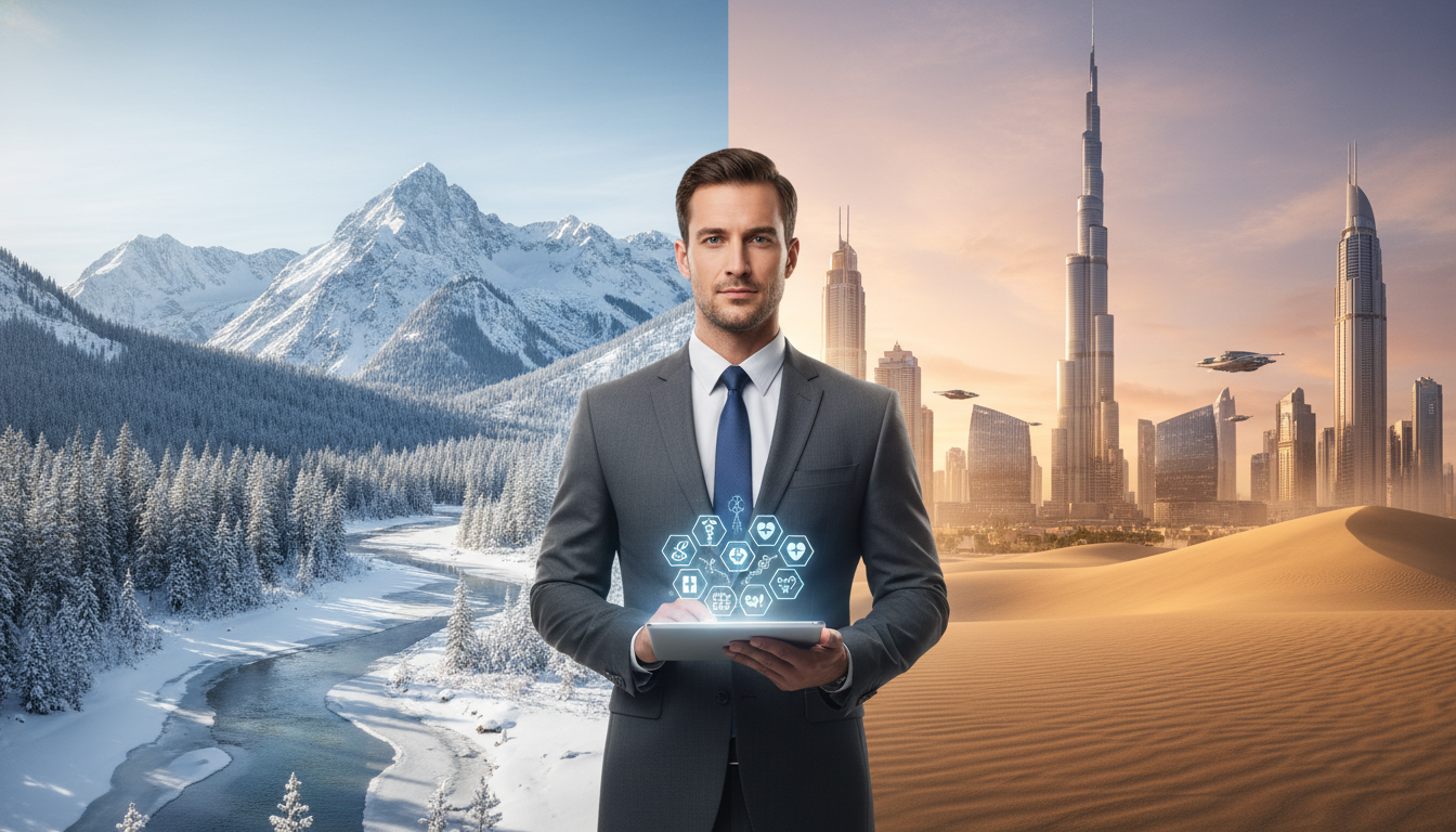 A professional split-screen conceptual image. On the left, a serene Idaho landscape with pine trees and snow-capped mountains. On the right, the futuristic skyline of Dubai with the Burj Khalifa and desert dunes. In the center, a confident businessman in a suit holding a digital tablet with medical icons, bridging both worlds.