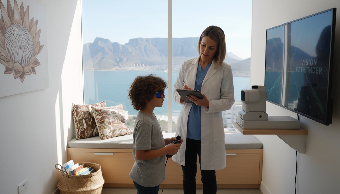 A professional optometrist office in Cape Town, a young child engaged in a vision therapy session using specialized lenses and a digital tracking screen, a female doctor in a white coat observing and taking notes, bright modern clinical environment with South African aesthetic elements, high resolution.