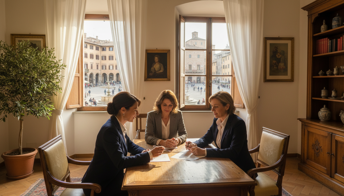 A professional insurance consultant sitting across a wooden table from a couple in a sunlit Italian office, looking at documents with a view of a historic Italian piazza in the background, warm and inviting atmosphere, high-quality photography.