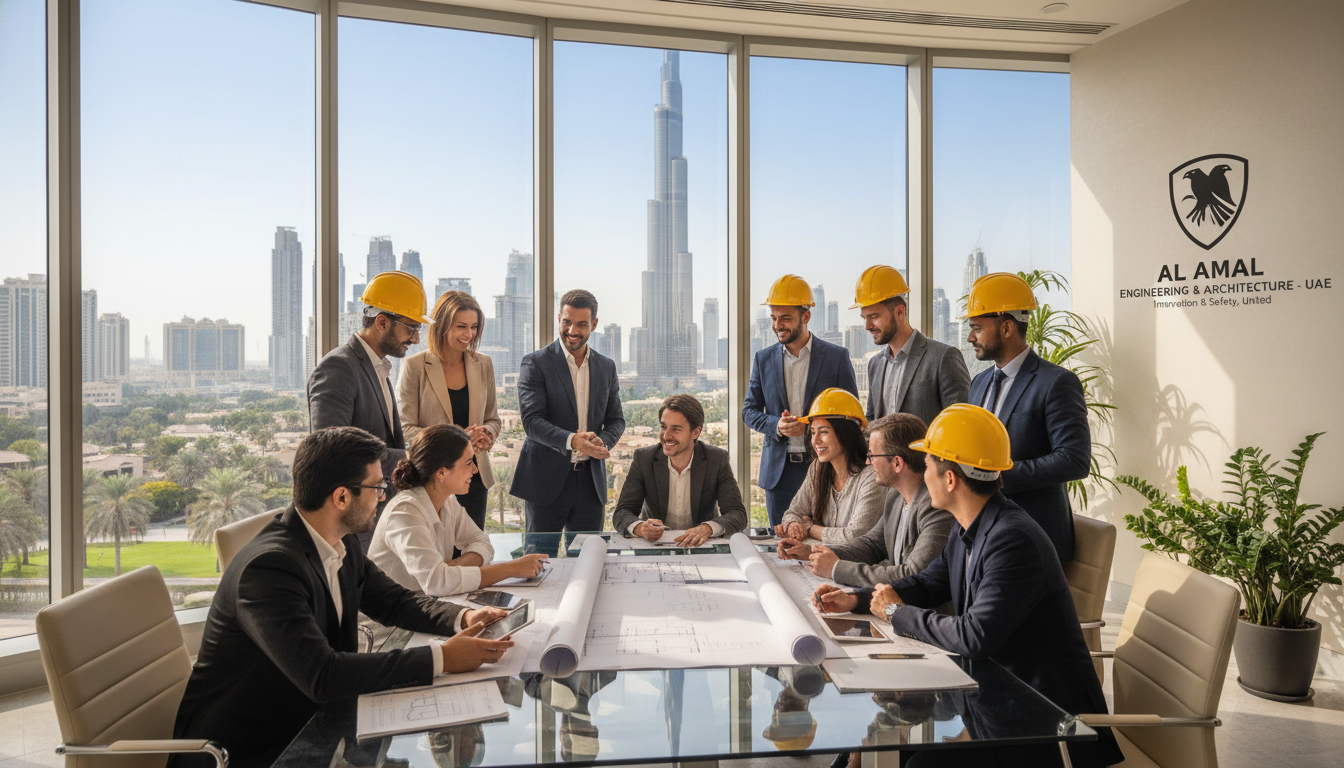 A professional photo of a diverse team of architects and engineers in a modern Dubai office, reviewing blueprints near a window with a view of the Burj Khalifa, symbolizing a safe and collaborative corporate environment in the UAE.
