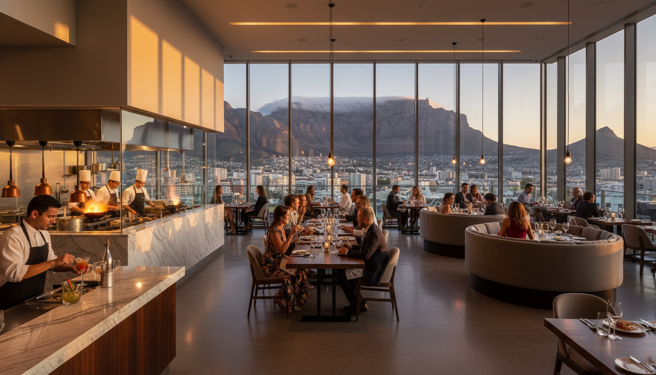 A modern, high-end restaurant interior in Cape Town with a view of Table Mountain through the window, busy chefs in an open kitchen, and diverse patrons enjoying meals, cinematic lighting, 8k resolution