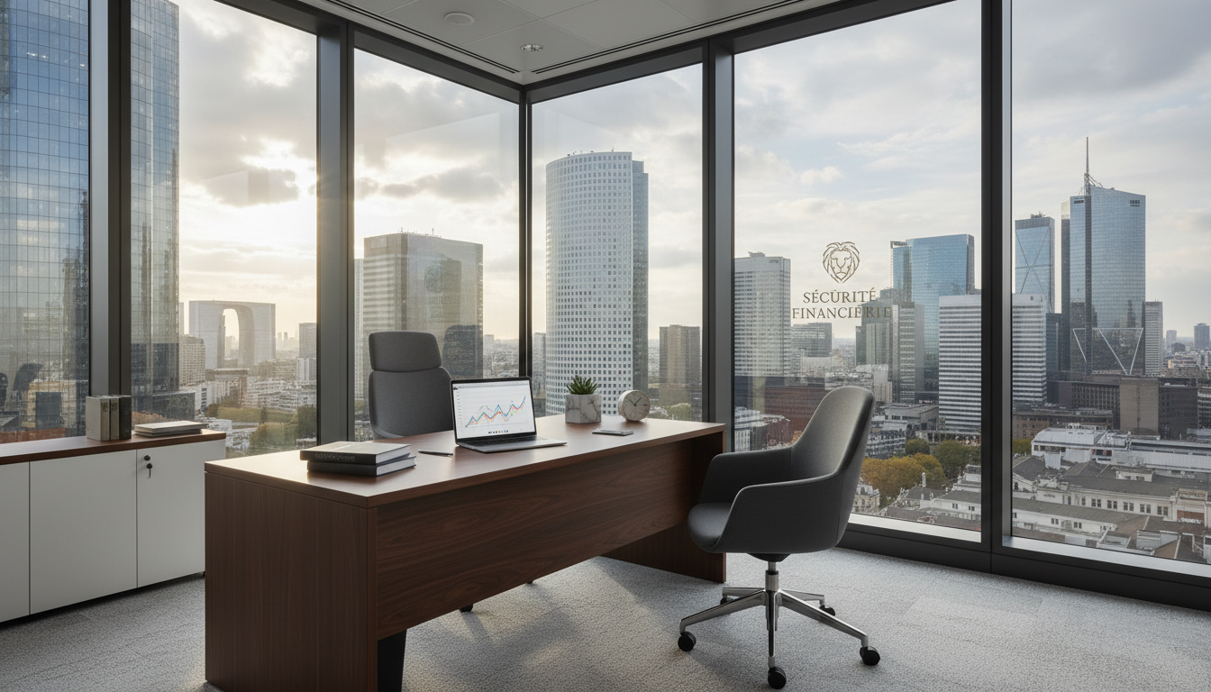 A professional and clean office setting in the La Défense business district of Paris, with a view of modern skyscrapers through a large window, featuring a wooden desk with a laptop and insurance documents, symbolizing stability and corporate growth.