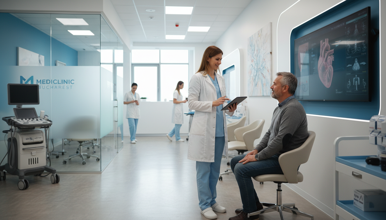 A professional and clean photograph of a modern medical facility in Bucharest, showing a friendly interaction between a doctor and a patient, with soft natural light and a focus on trust and modern healthcare technology.