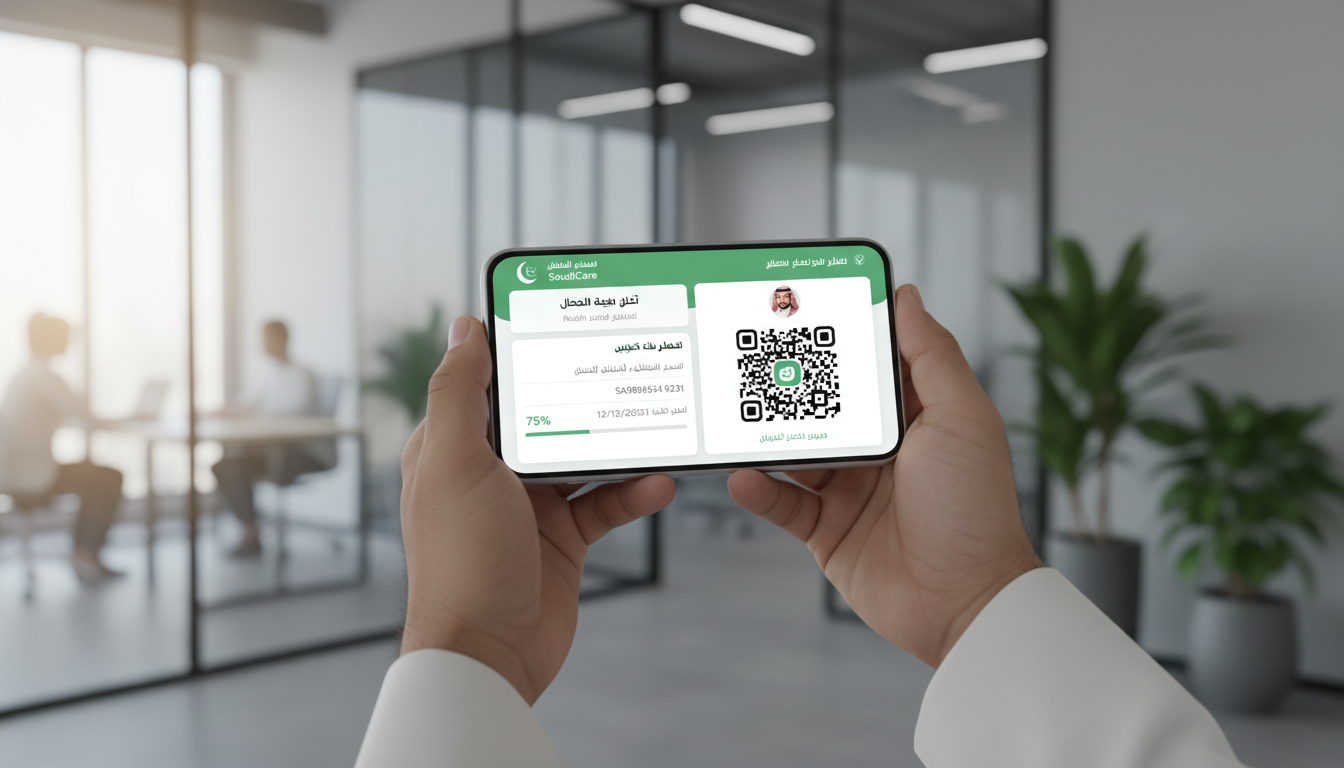 A professional digital mock-up of a mobile smartphone screen displaying a Saudi insurance application interface with green and white branding, showing a dashboard with health coverage details and a digital QR code ID card, held by a person in a modern office setting in Riyadh.